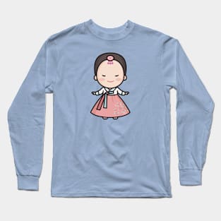 Cute Korean Woman in Traditional Clothing Cartoon Long Sleeve T-Shirt